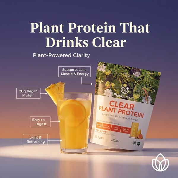 A high-clarity product shot of PlantFusion Clear Plant Protein next to a glass of refreshing juice-like protein, clearly labeled with 20g protein and health benefits.
